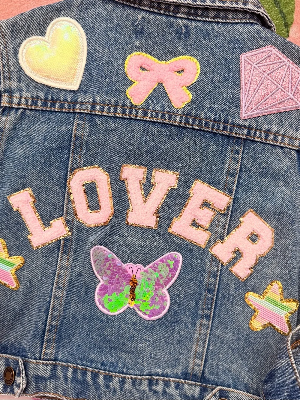 Girls Blue Denim Jacket with Pink 'LOVER' Patches